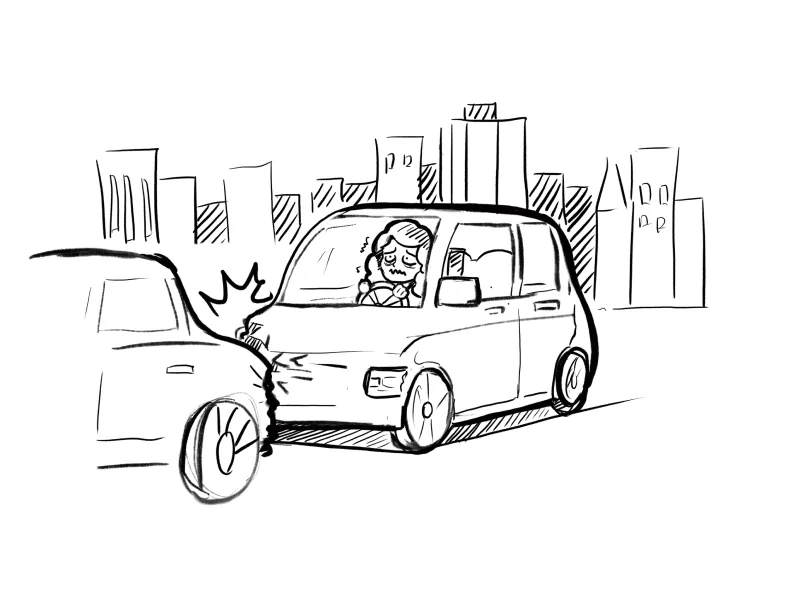 Illustration of a damaged car and the questions a policyholder faces after an accident