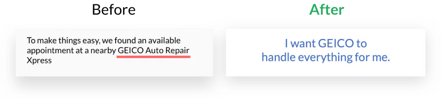 Before and after comparison showing internal terminology rewritten in plain language