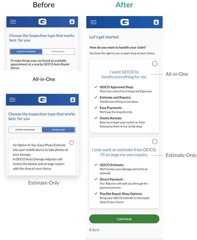 Redesigned selection cards with concise benefits and checkmarked details