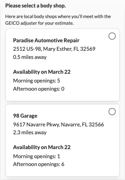 Shop results showing an overview of appointment availability