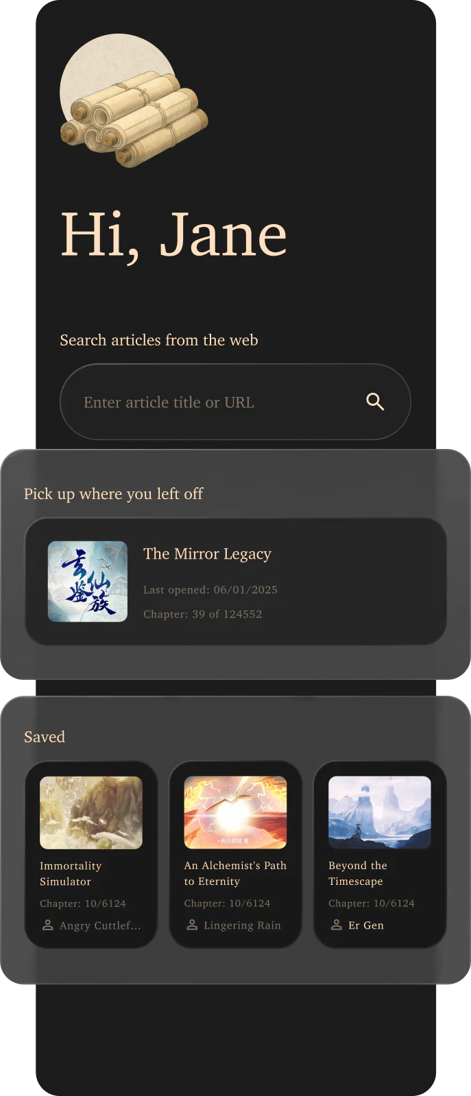 Inkling home screen with saved works, reading progress, and direct article entry