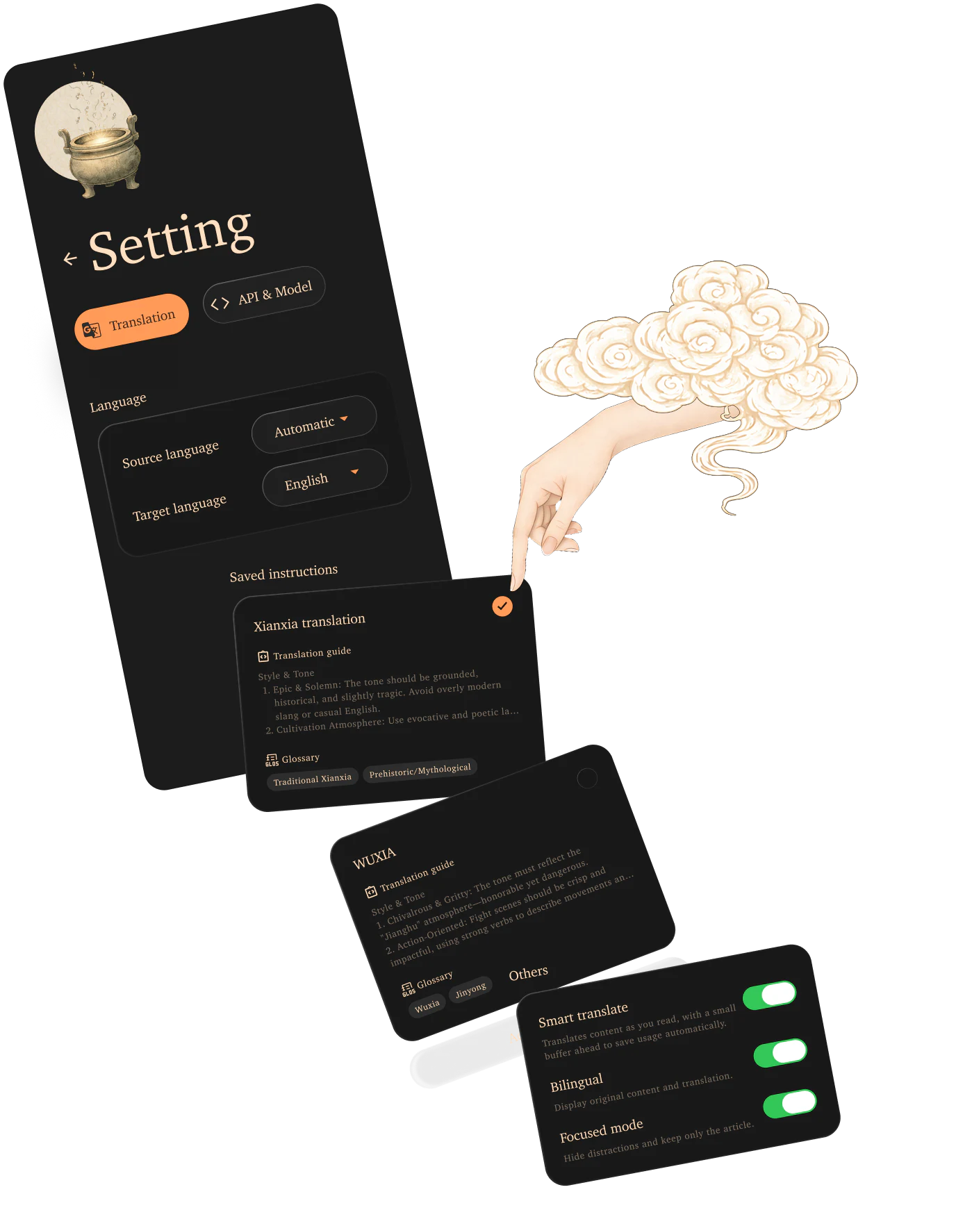 Inkling settings for language, AI model, translation instructions, and reading mode