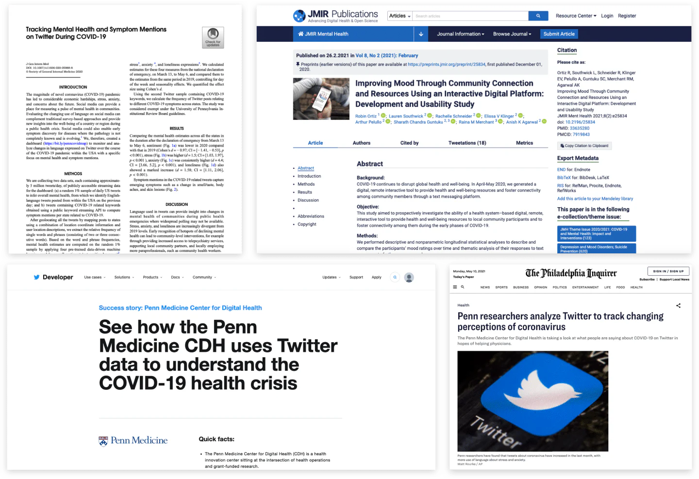 Research publication and media coverage featuring the Penn Medicine Twitter dashboard