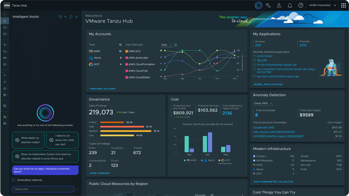 Tanzu Intelligent Assist shown beside cloud management dashboards and application data